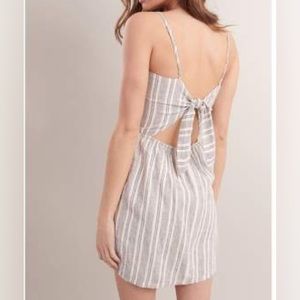 Garage Knotted Back Linen Dress in Navy/White Stripe